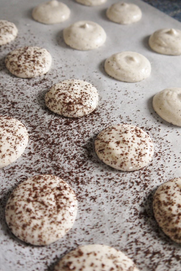 Sift espresso powder onto half the piped macarons